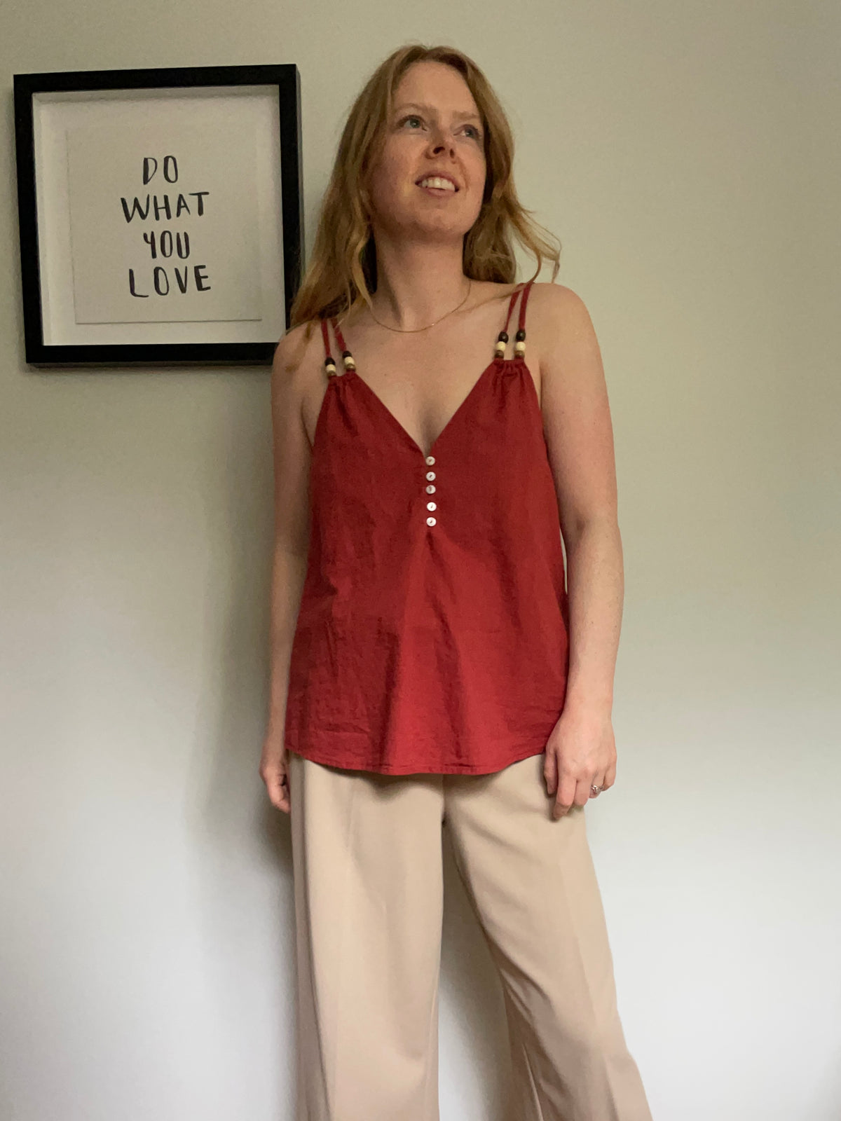 Burgundy Beaded Strap Cotton Button-Front Camisole – L/ M