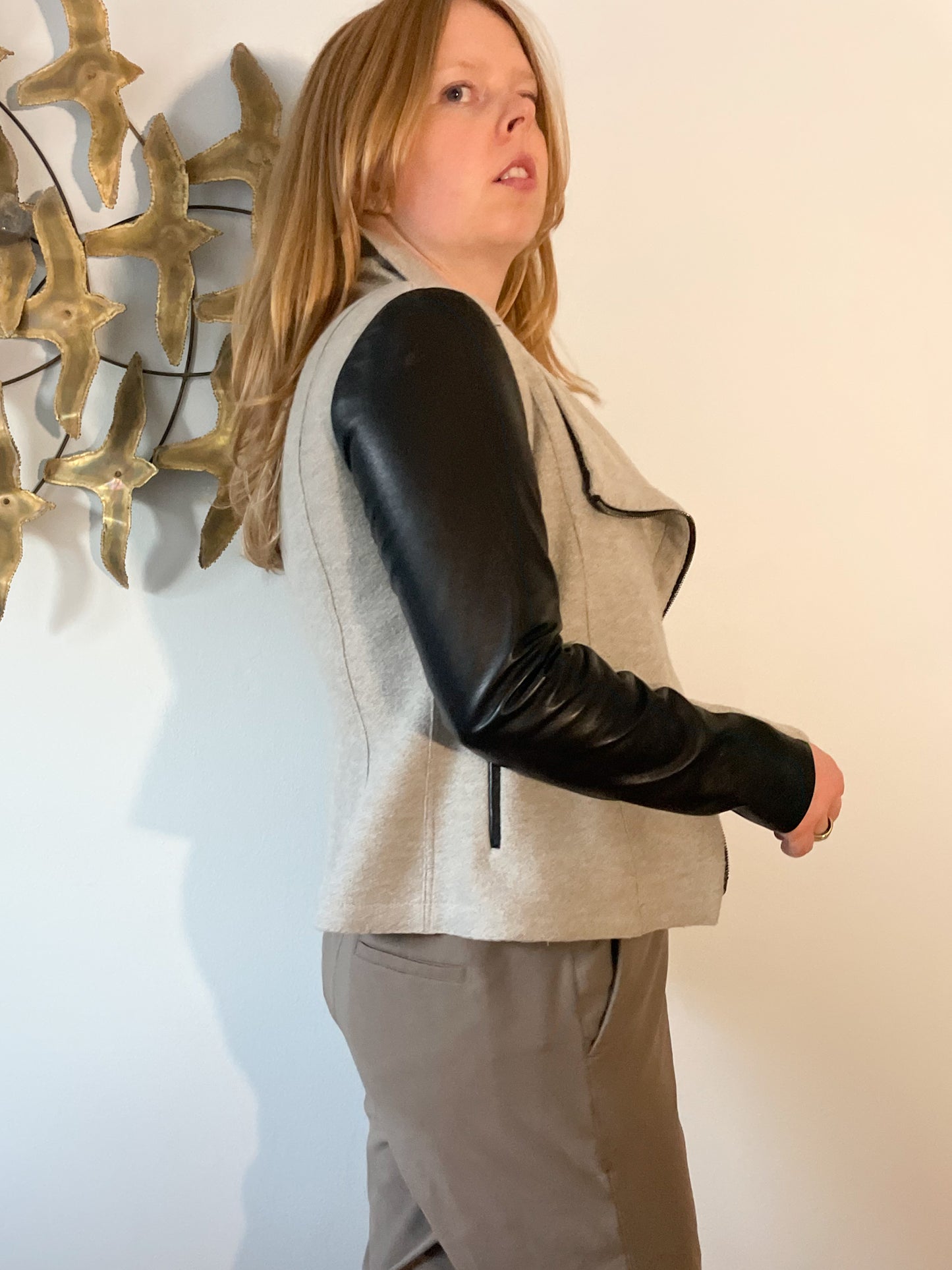 Judith & Charles Grey Wool Black Leather Full Zip Collar Jacket - XS/S