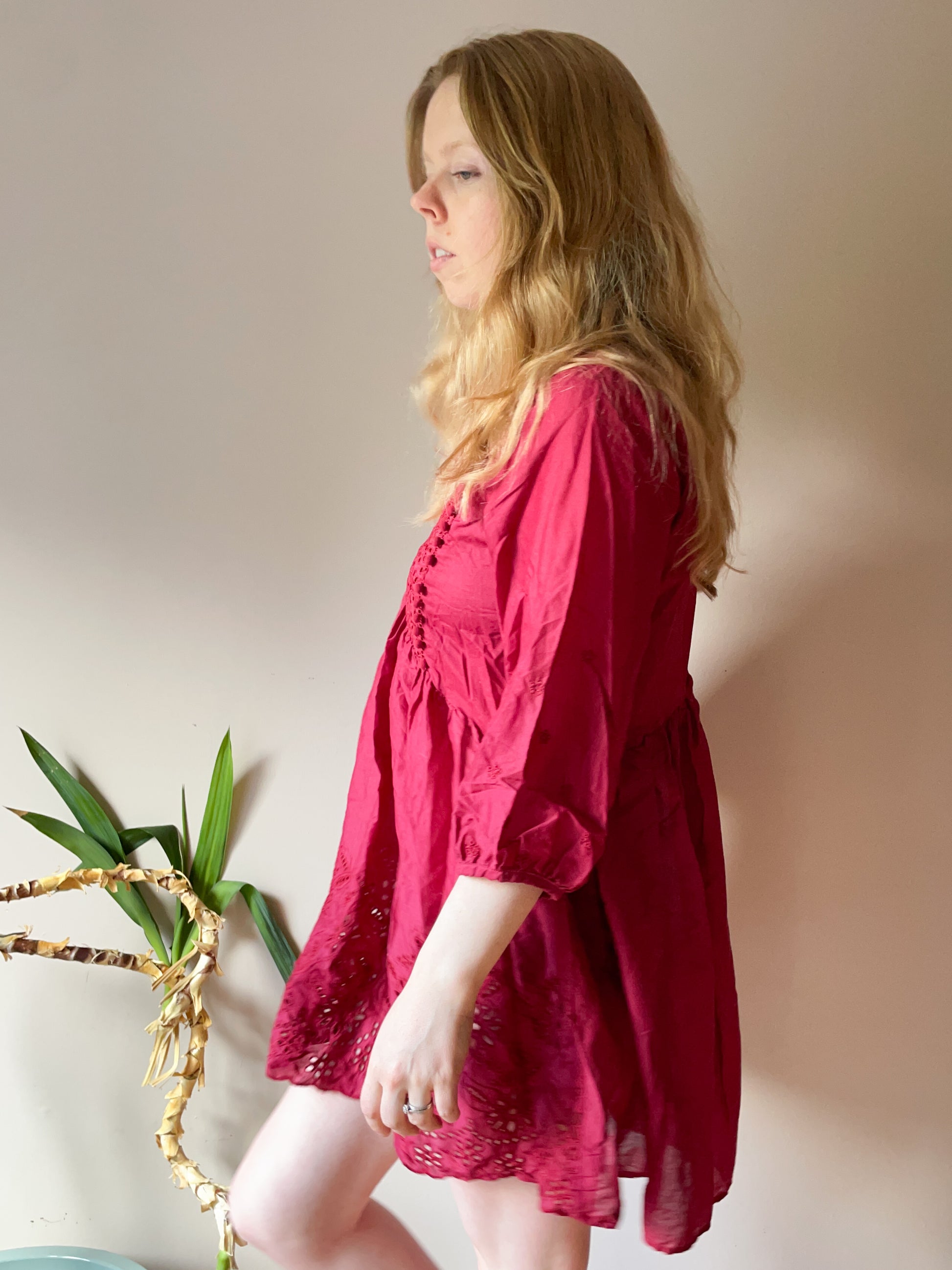 Red Boho Eyelet Cotton Puff Sleeve Mini Dress - Small Le Prix Fashion & Consulting Red Boho Eyelet Cotton Puff Sleeve Mini Dress - Small Le Prix Fashion & Consulting