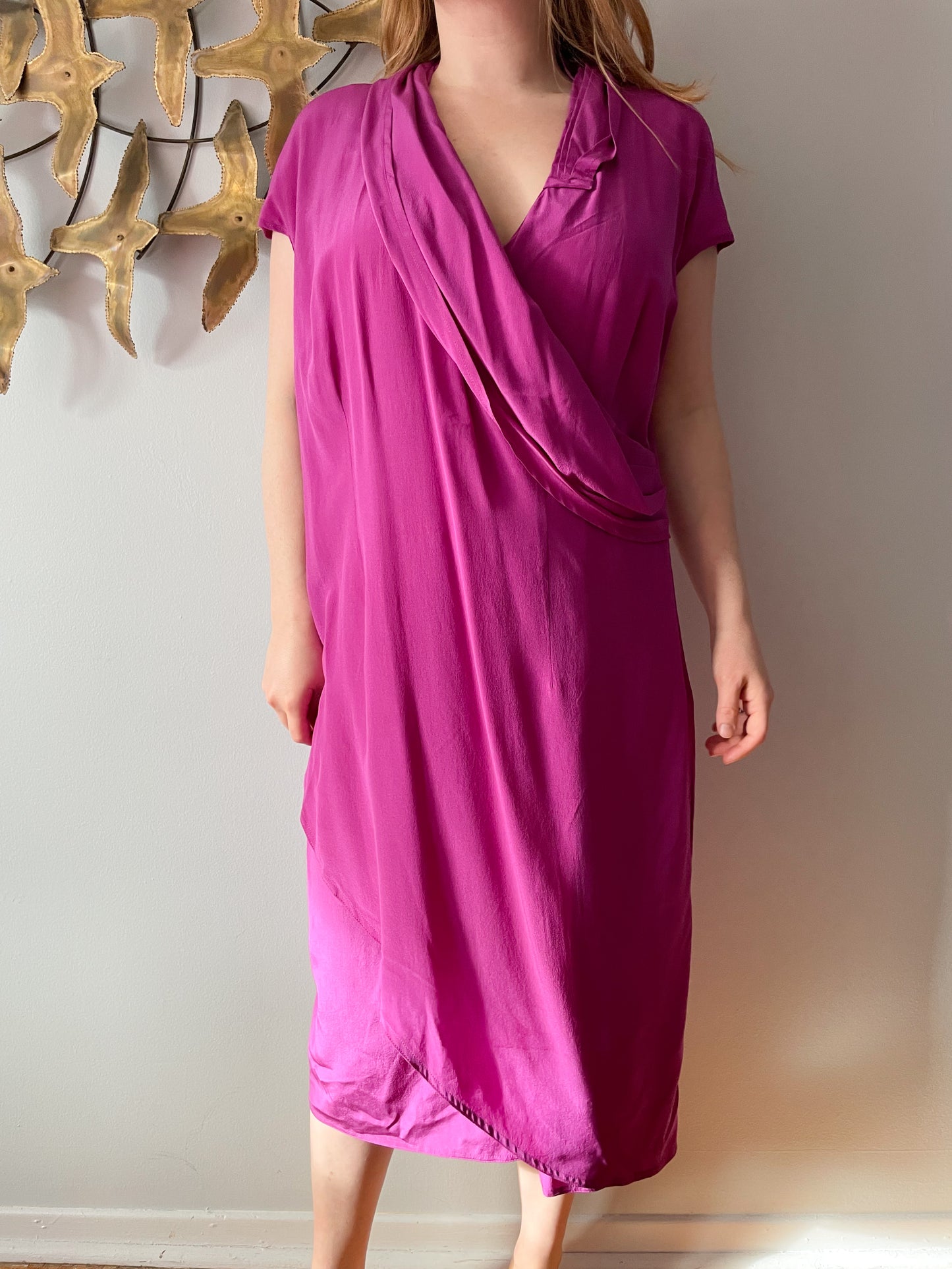 Chére Marie Magenta Wrap Style Silk Midi Dress NWT - Large
