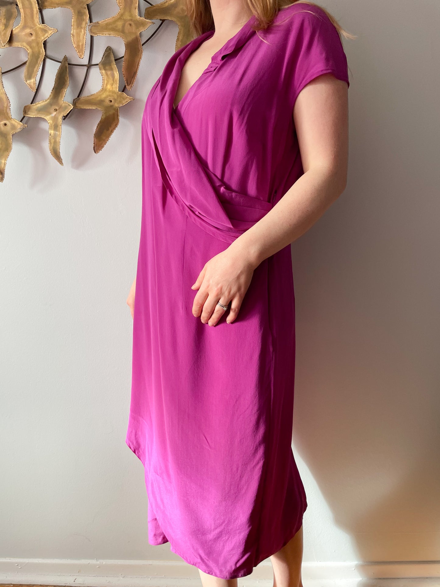 Chére Marie Magenta Wrap Style Silk Midi Dress NWT - Large