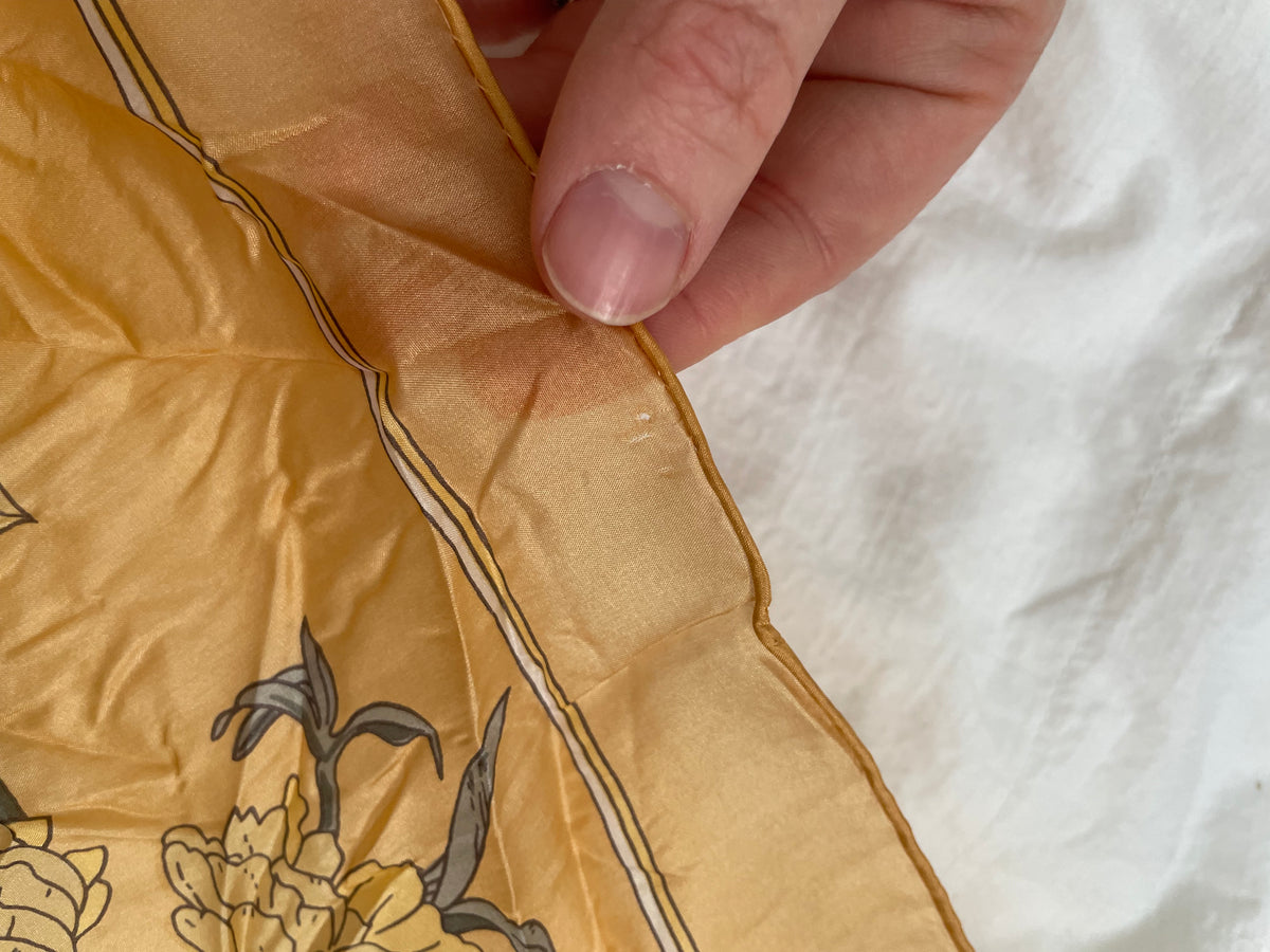 Vintage Mustard Gold Floral Hand-Rolled 100% Silk Scarf – Large Square