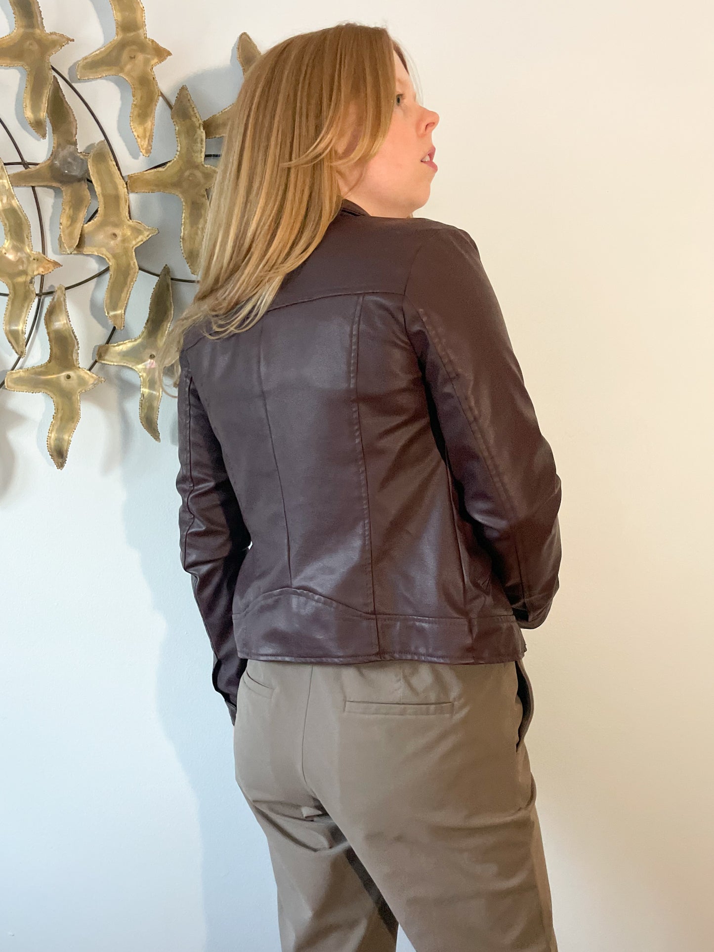New Look Berry Brown Vegan Leather Moto Jacket - Small