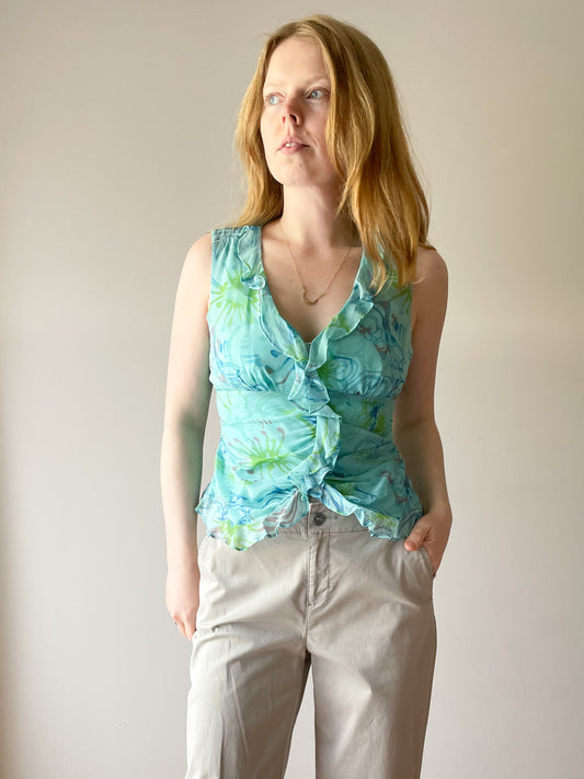 Vintage Turquoise Watercolour Floral 100% Silk Ruffle Top - Small