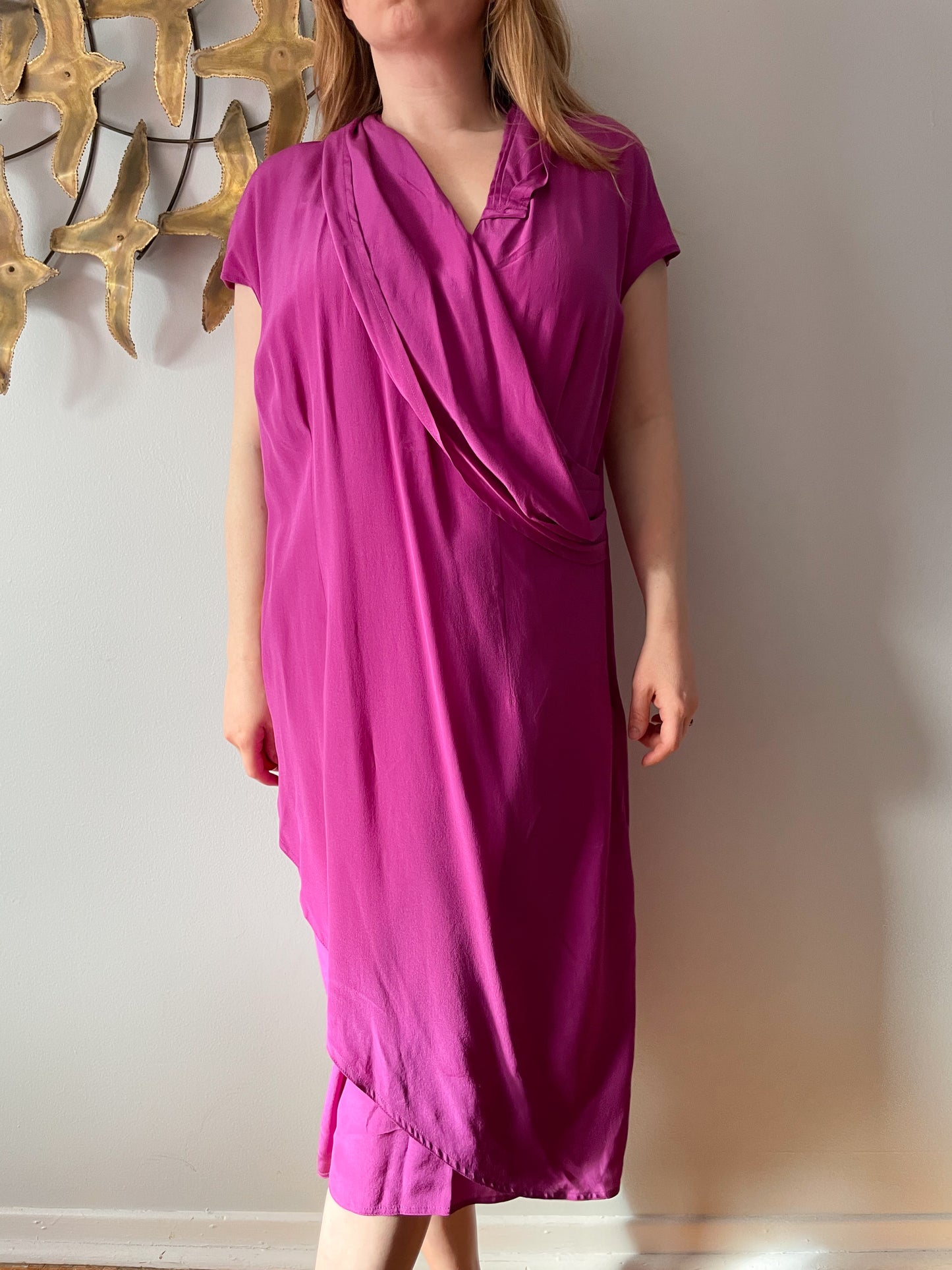 Chére Marie Magenta Wrap Style Silk Midi Dress NWT - Large
