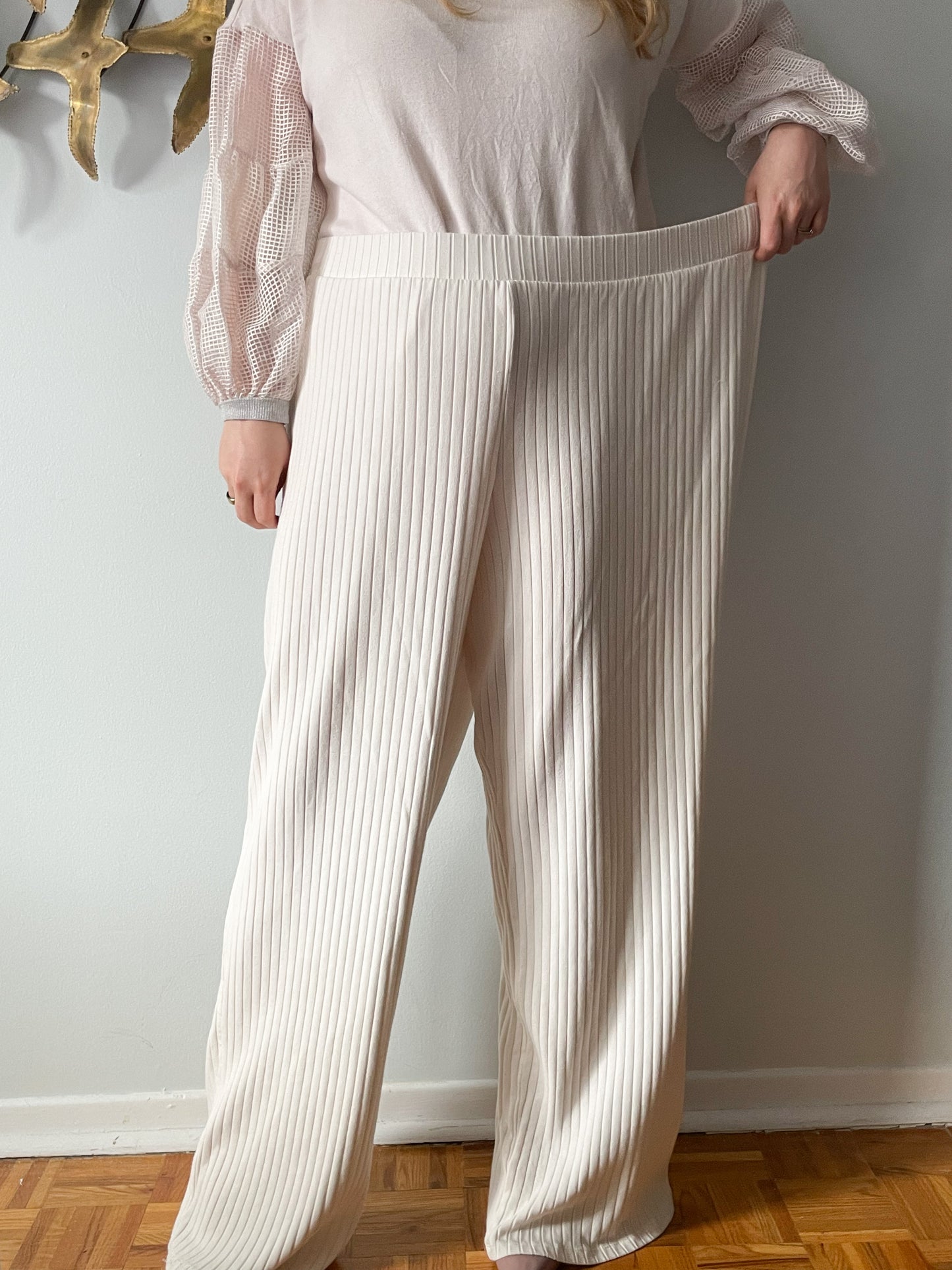 ONLY White Ribbed High Rise Wide Leg Pants - XXL