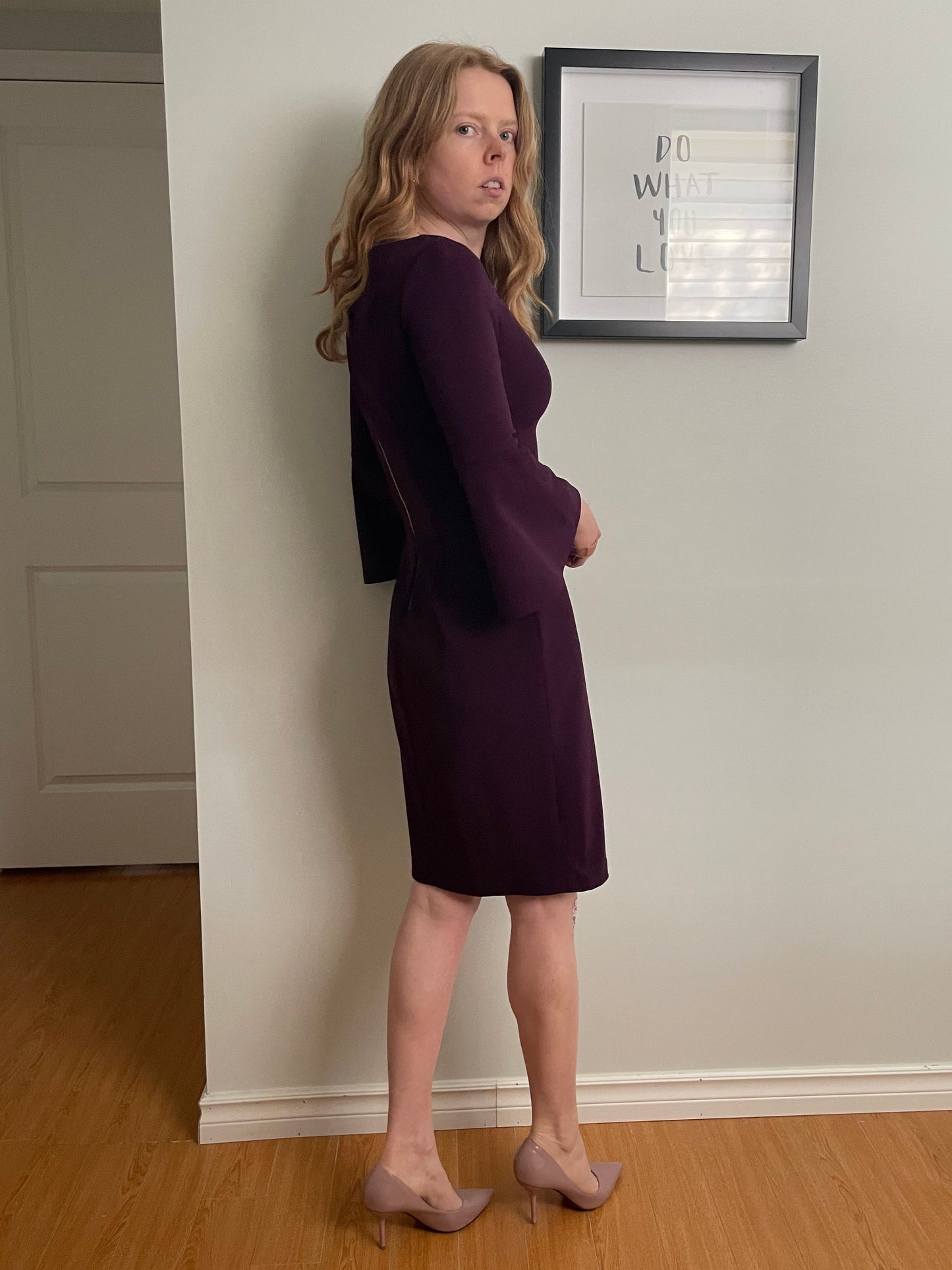 Calvin Klein Deep Purple Bell 3/4 Sleeve Sheath Dress - Size 2 Le Prix Fashion & Consulting Calvin Klein Deep Purple Bell 3/4 Sleeve Sheath Dress - Size 2 Le Prix Fashion & Consulting