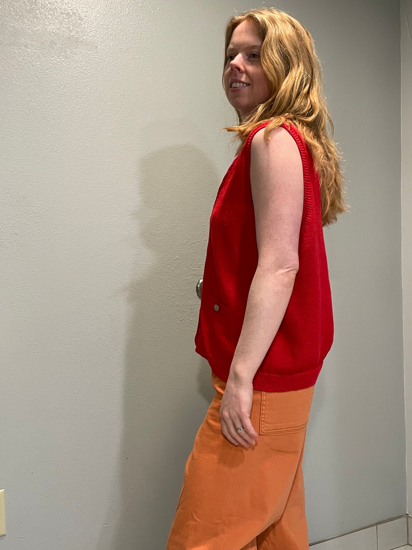 Vintage Sag Harbor Red Button-Front Ramie Cotton Knit Vest – Large