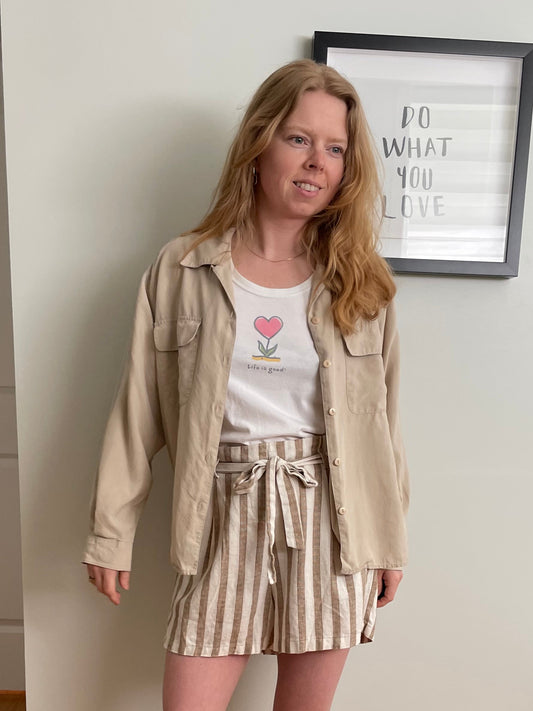 Vintage Cleo Beige 100% Silk Button-Up Shirt – Medium