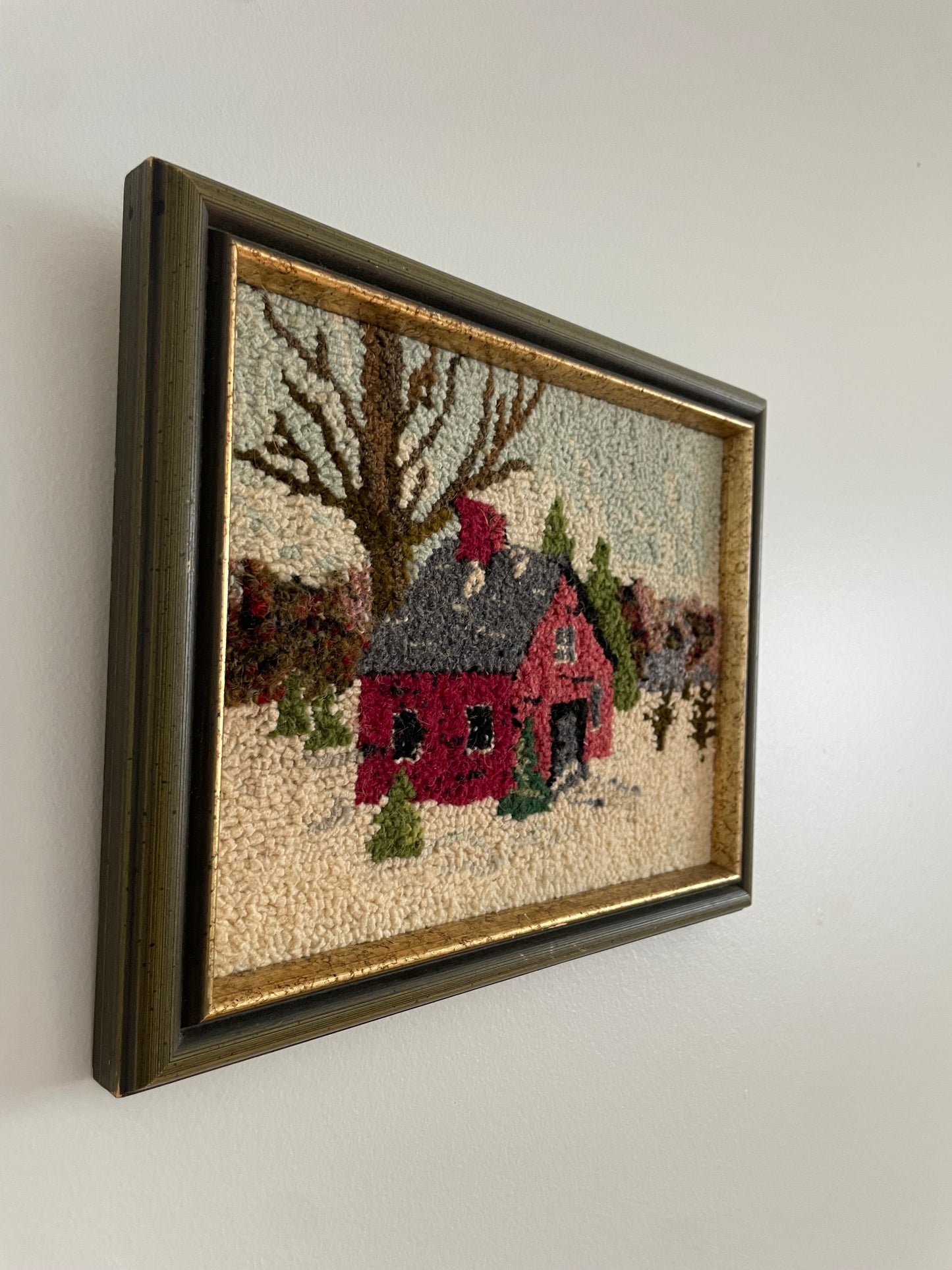 Vintage Handmade Framed Textile Art – Winter Red House Scene (1979)