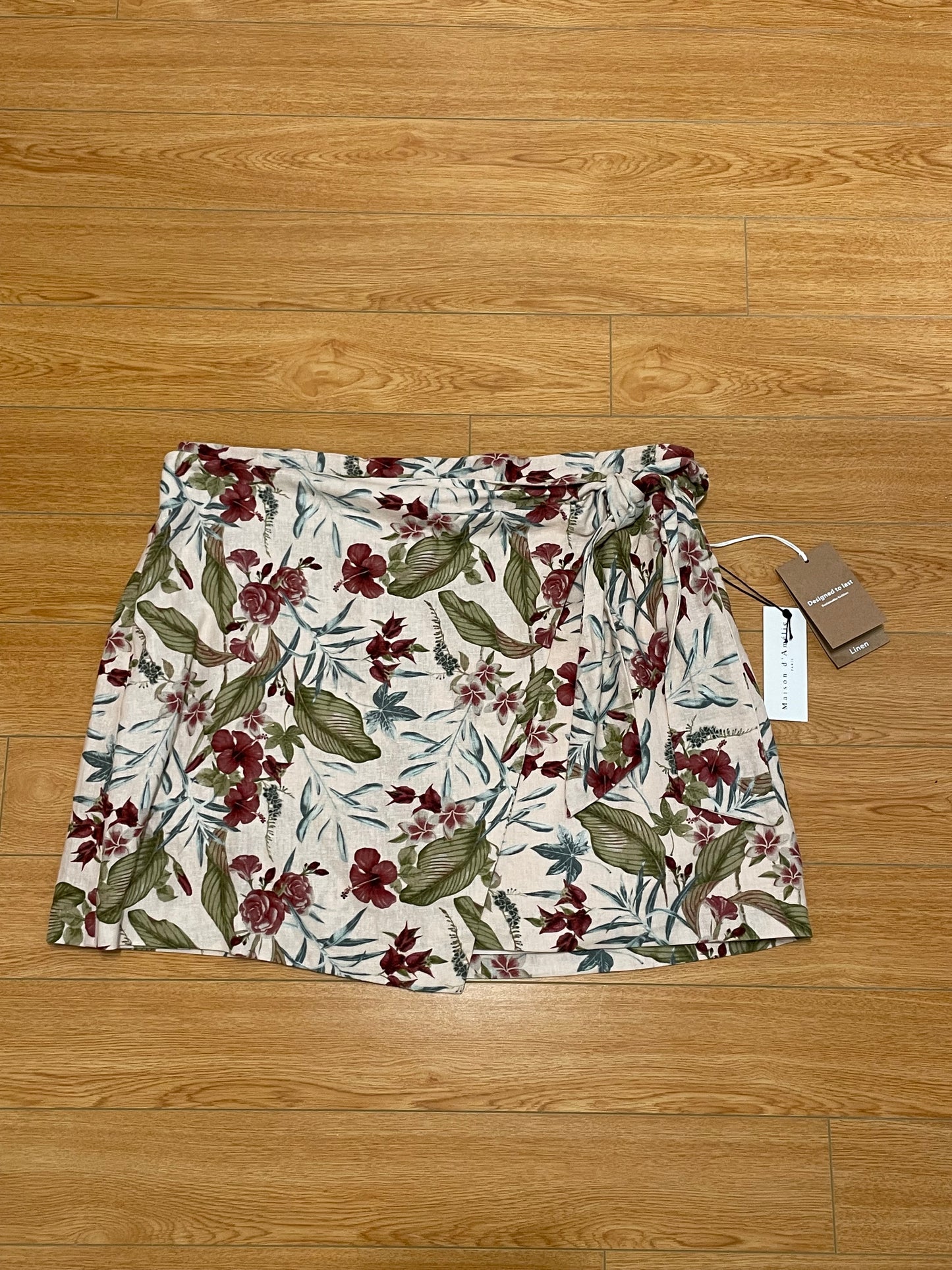 Maison d’Amélie Cream Burgundy Green Floral Linen Blend Wrap Mini Skirt — XL