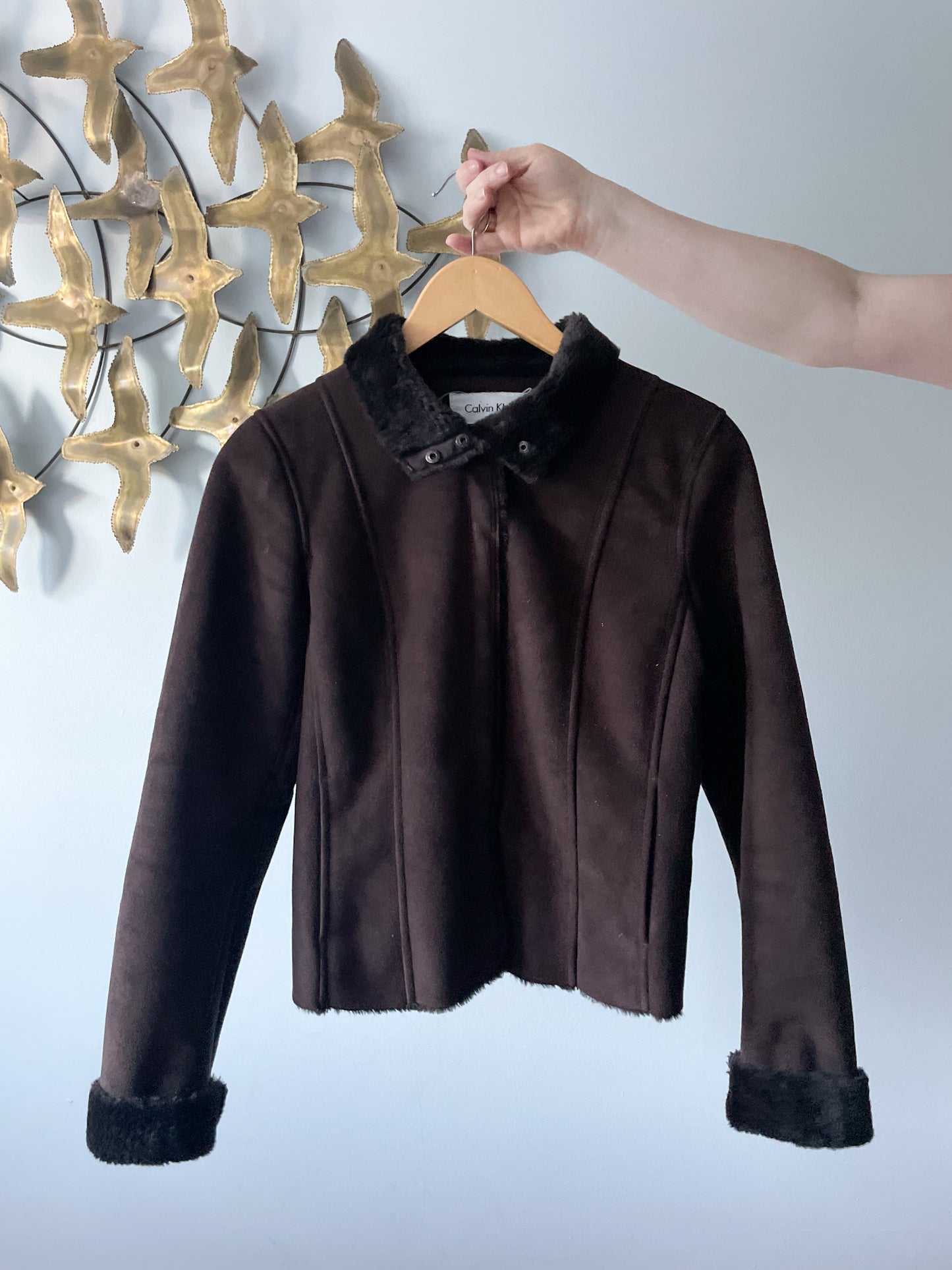 Calvin Klein Brown Shearling Cropped Faux Fur Trimmed Jacket - XS