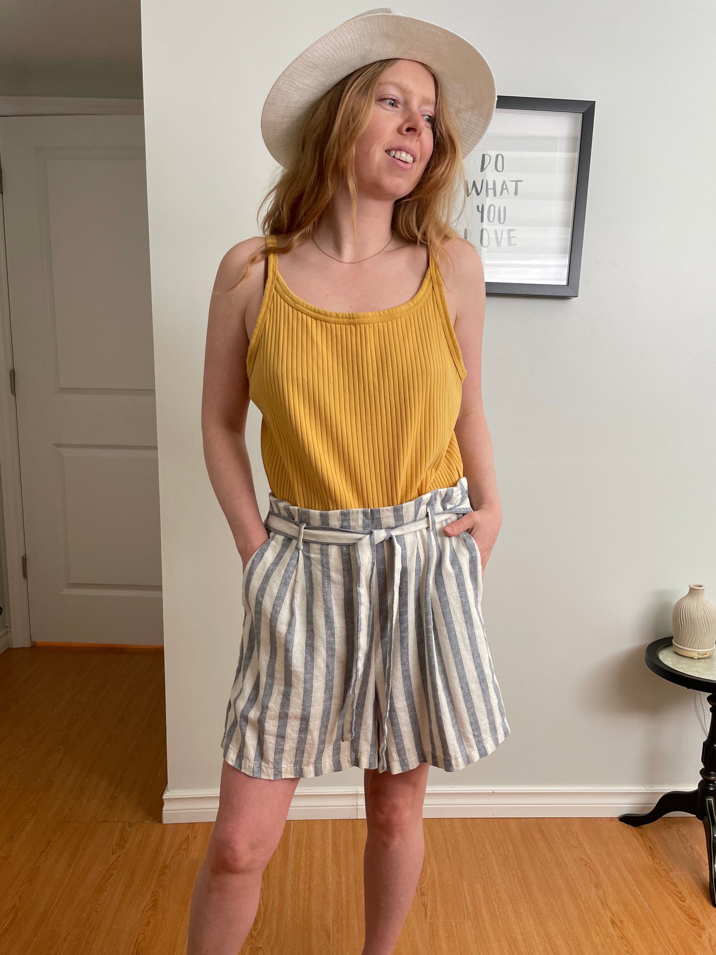 Blue + Ivory Striped Natural Fiber Paperbag Waist Shorts - L/XL