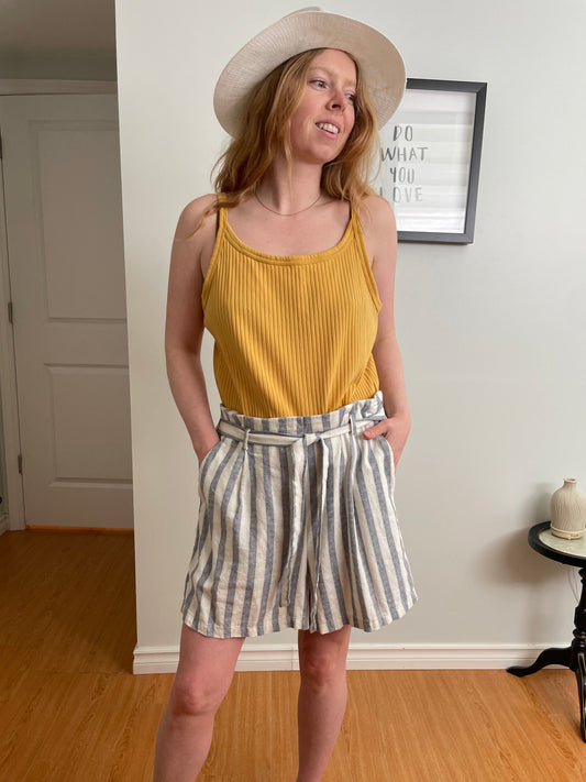 Blue + Ivory Striped Natural Fiber Paperbag Waist Shorts - L/XL