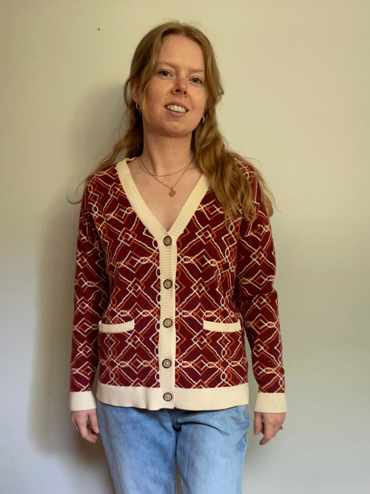 Twik Burgundy Retro Geometric Knit Cardigan – Small
