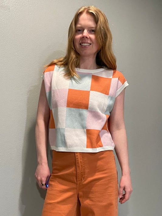 Saodimallsu Pastel Check Knit Short-Sleeve Top NWT – Small/ Medium/Large