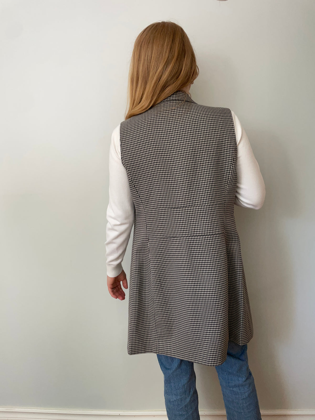 Suzy Shier Black & Cream Houndstooth Longline Vest – Medium NWT