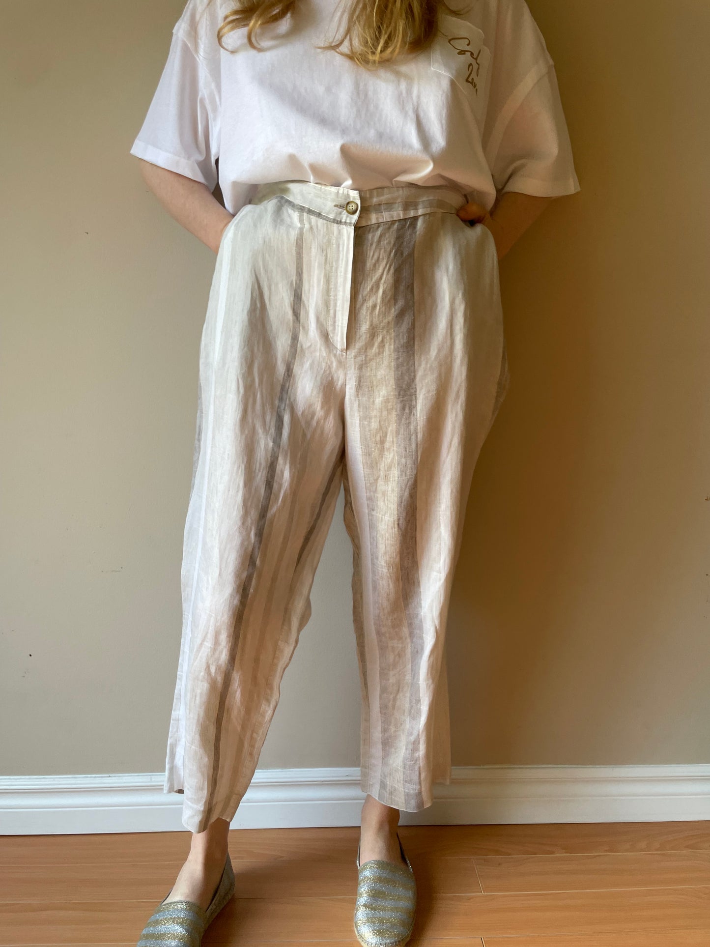 Cannella Beige Metallic Stripe Linen High Rise Cropped Pants - EU 48 (Large)