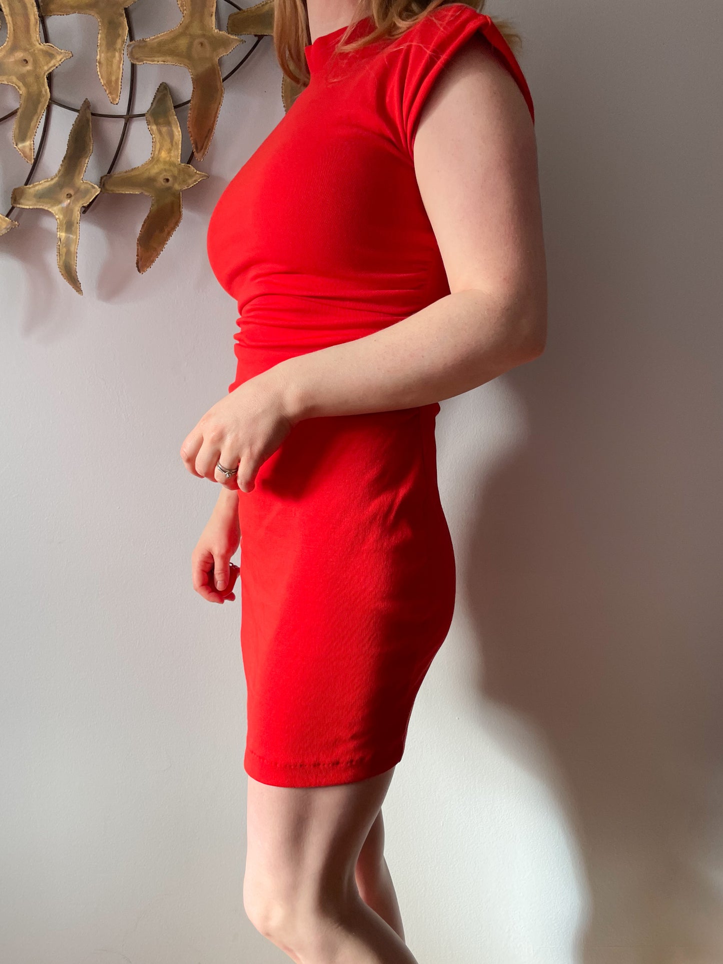 Zara Red High Neck Sleeveless Stretch Rouched Dress - S/M
