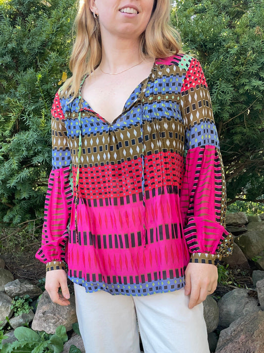 Hale Bob Pink Multicolour Geometric Silk Blouse – XS/S