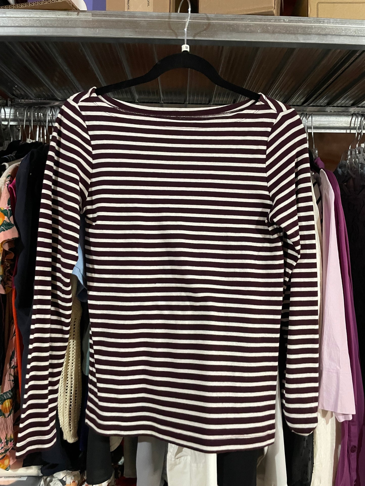 Gap Burgundy & Cream Striped Boatneck Long-Sleeve Top – Medium