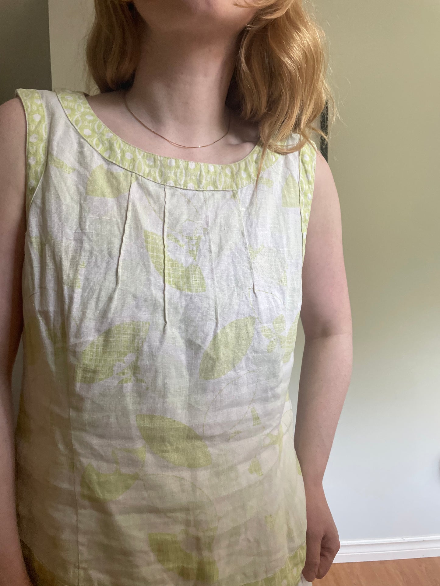 Next Woman Green & Cream Linen Floral Sleeveless Top - Medium