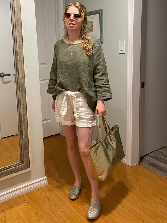 Amazhiyu Olive Green 100% Linen Relaxed 3/4 Sleeve Top - Large