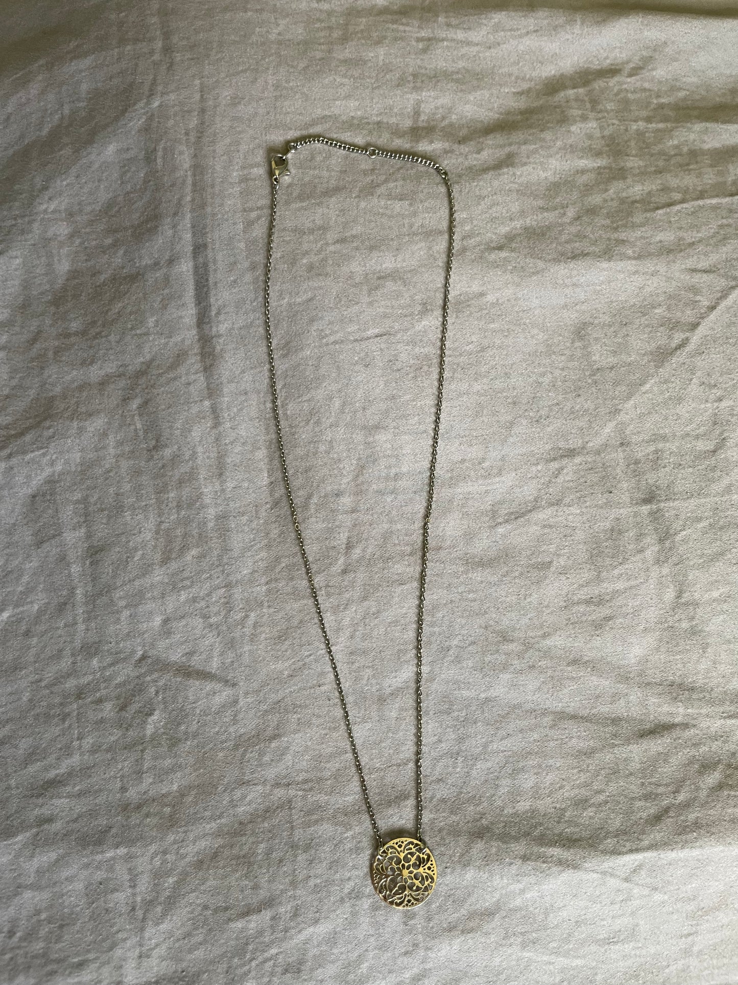Gold Tone Filigree Disc Pendant Necklace