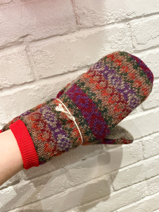 Rainbow Grey Fairisle Handmade Reclaimed Wool Fleece Lined Mittens