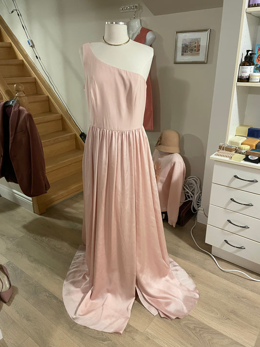 White by Vera Wang Blush Pink Satin One Shoulder Slit Maxi Dress - Size 12