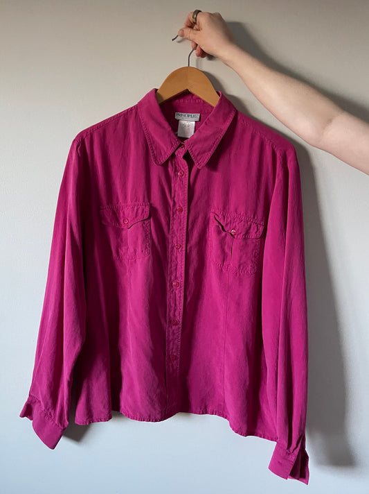 Vintage Principles Bright Fuchsia 100% Silk Button-Up Shirt – Medium