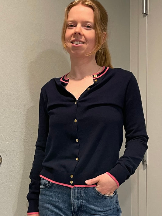 Crew Navy Cotton Cardigan with Pink Trim – Small