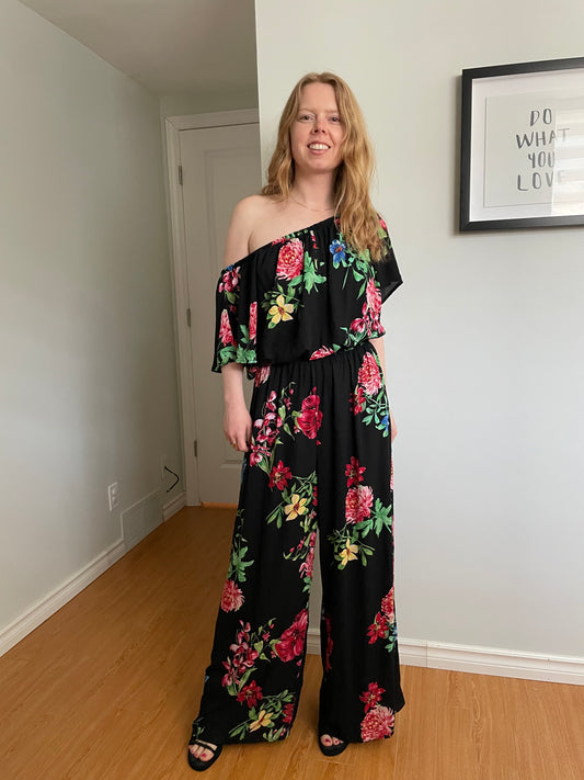 Joseph Ribkoff Black Floral Off-Shoulder Wide Leg Jumpsuit - Size 14