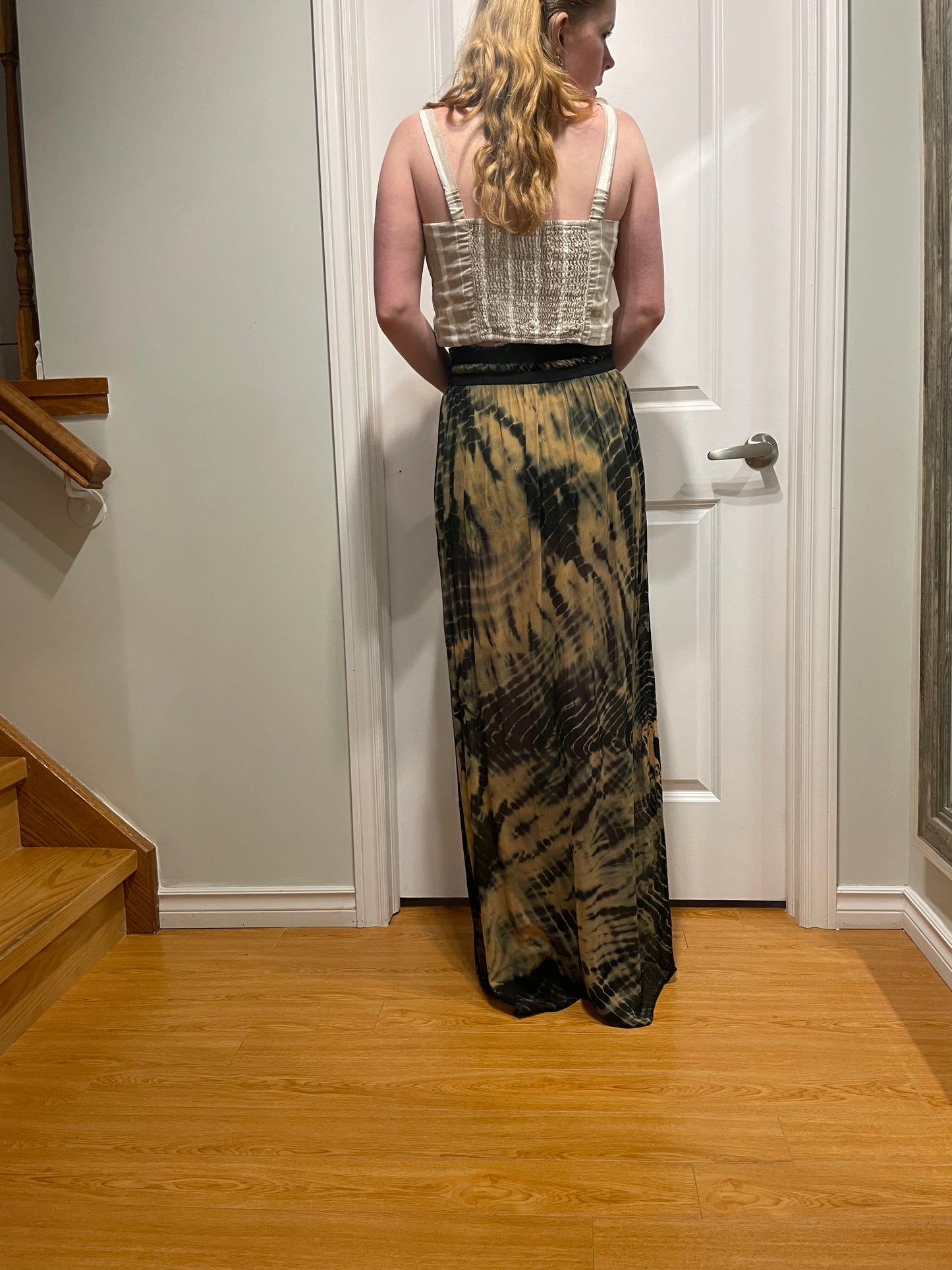 Black & Tan Tie-Dye Silk Draped Maxi Skirt – Small