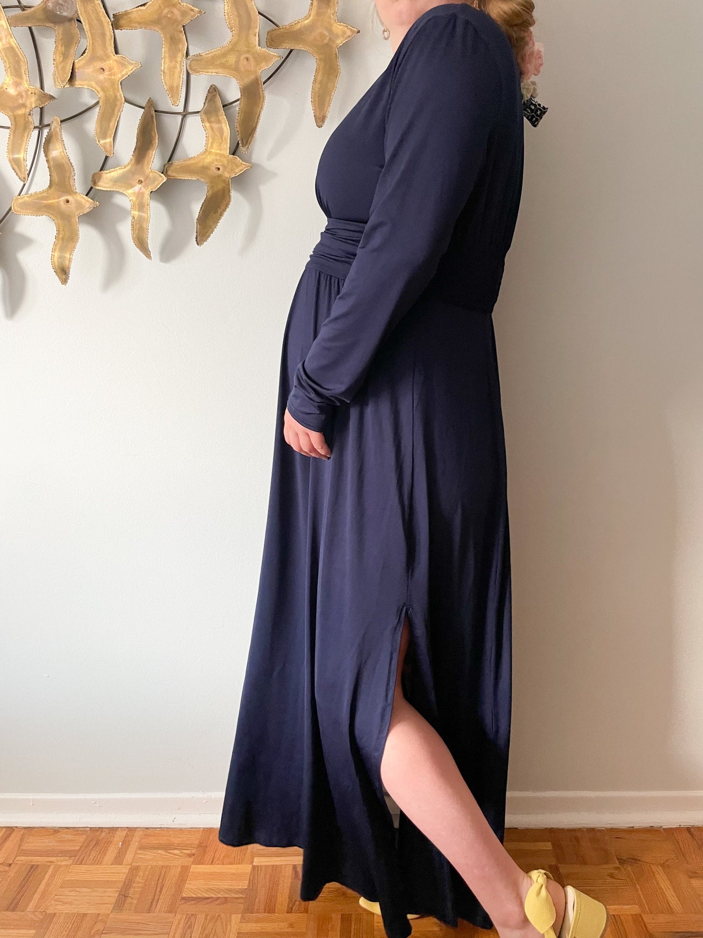 Navy Stretchy Empire Waist Long Sleeved Slit Maxi Gown - XL