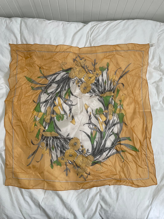 Vintage Mustard Gold Floral Hand-Rolled 100% Silk Scarf – Large Square