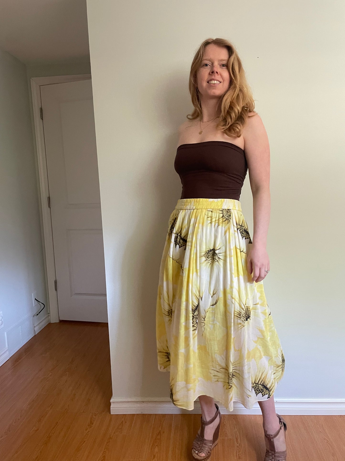 H&M Yellow Sunflower Print Cotton Midi Skirt - Medium