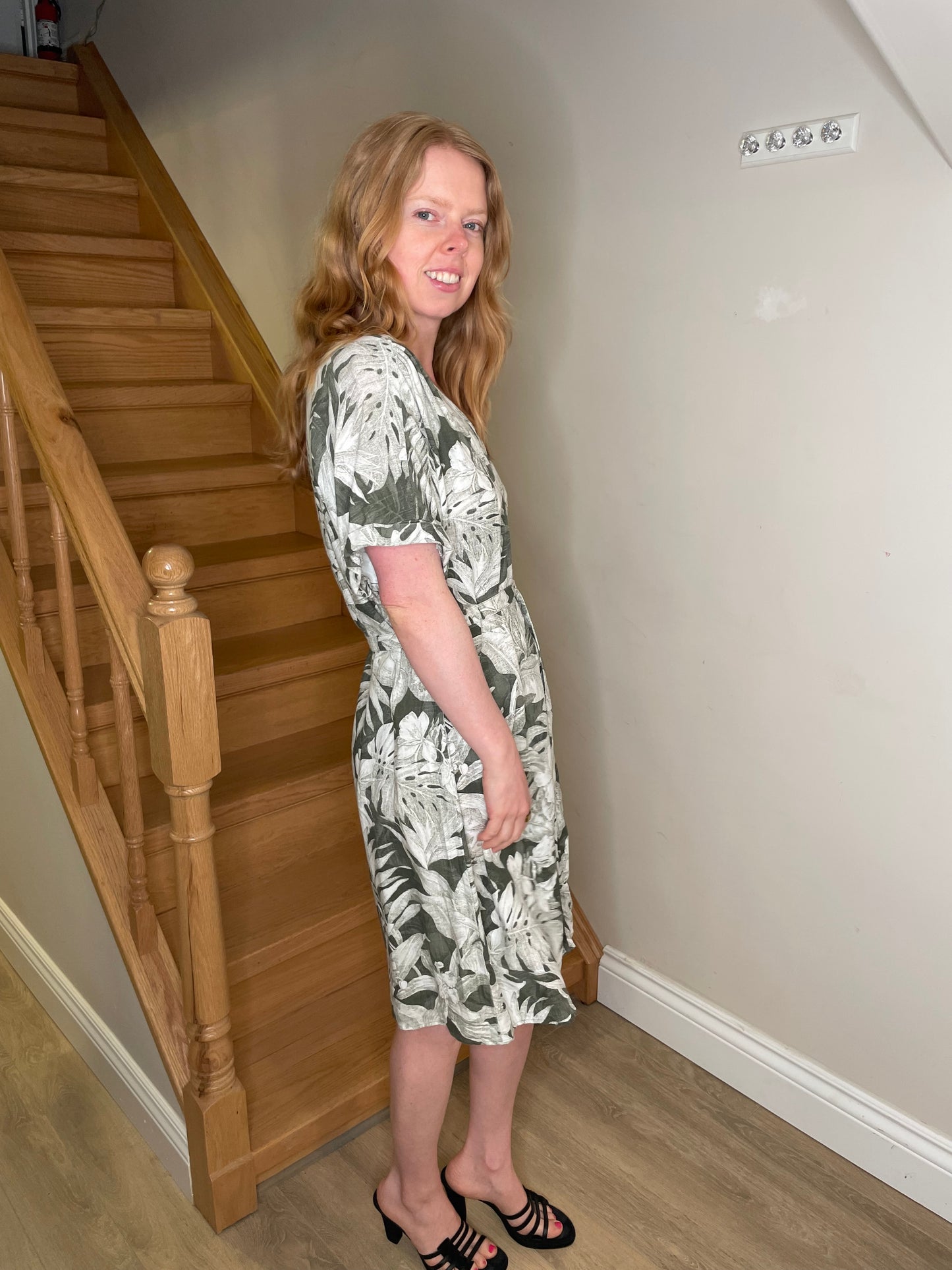 H&M L.O.G.G. Tropical Leaf Linen Blend Waist Tie Dress – Size Medium