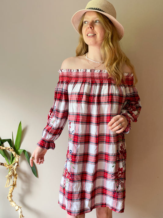 DEX Red Plaid Embroidered Floral Off The Shoulder Dress - S/M