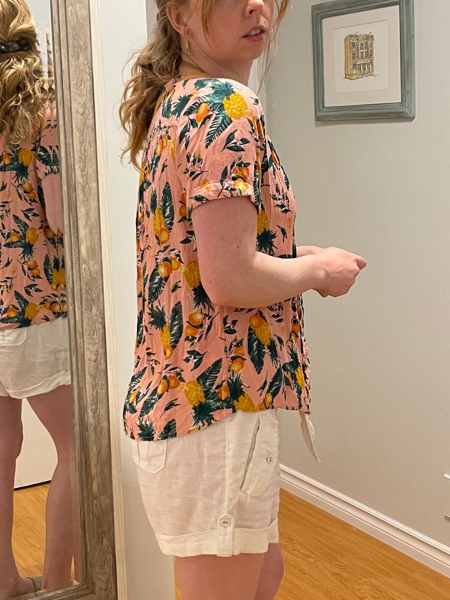 C&C California Peach Pink Tropical Fruit Button-Up Blouse – Small
