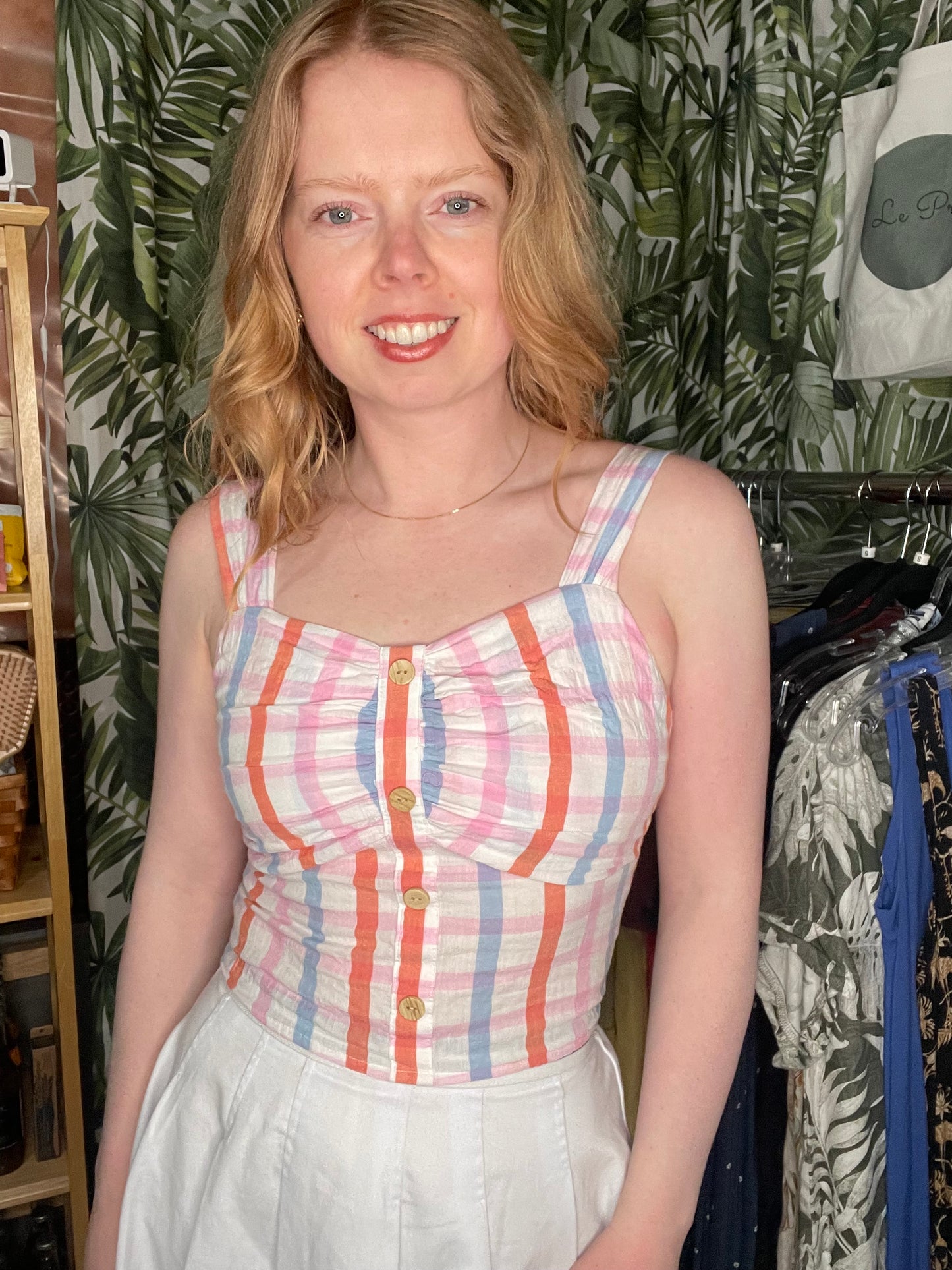Monteau Los Angeles Pastel Plaid Smocked Cropped Cotton Tank – XS
