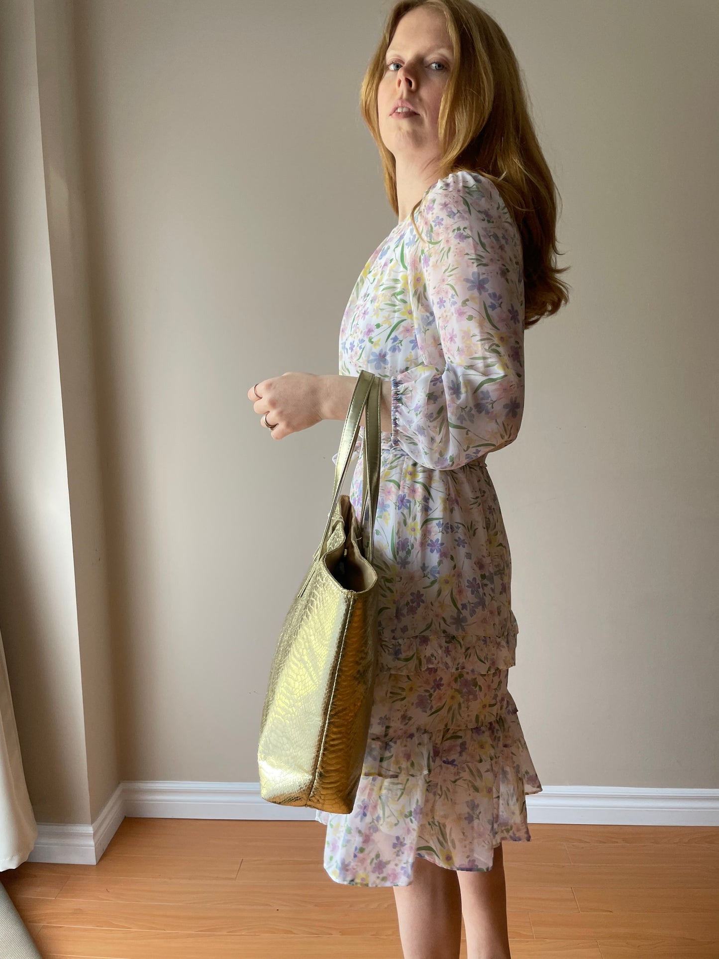 Calvin Klein Chiffon Pastel Floral Long Sleeve Tiered Dress NWT - Small