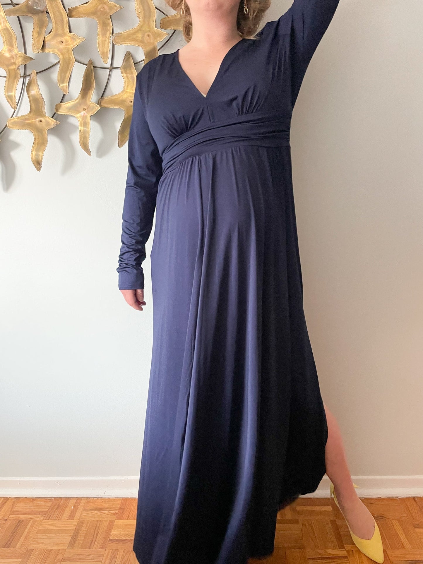Navy Stretchy Empire Waist Long Sleeved Slit Maxi Gown - XL