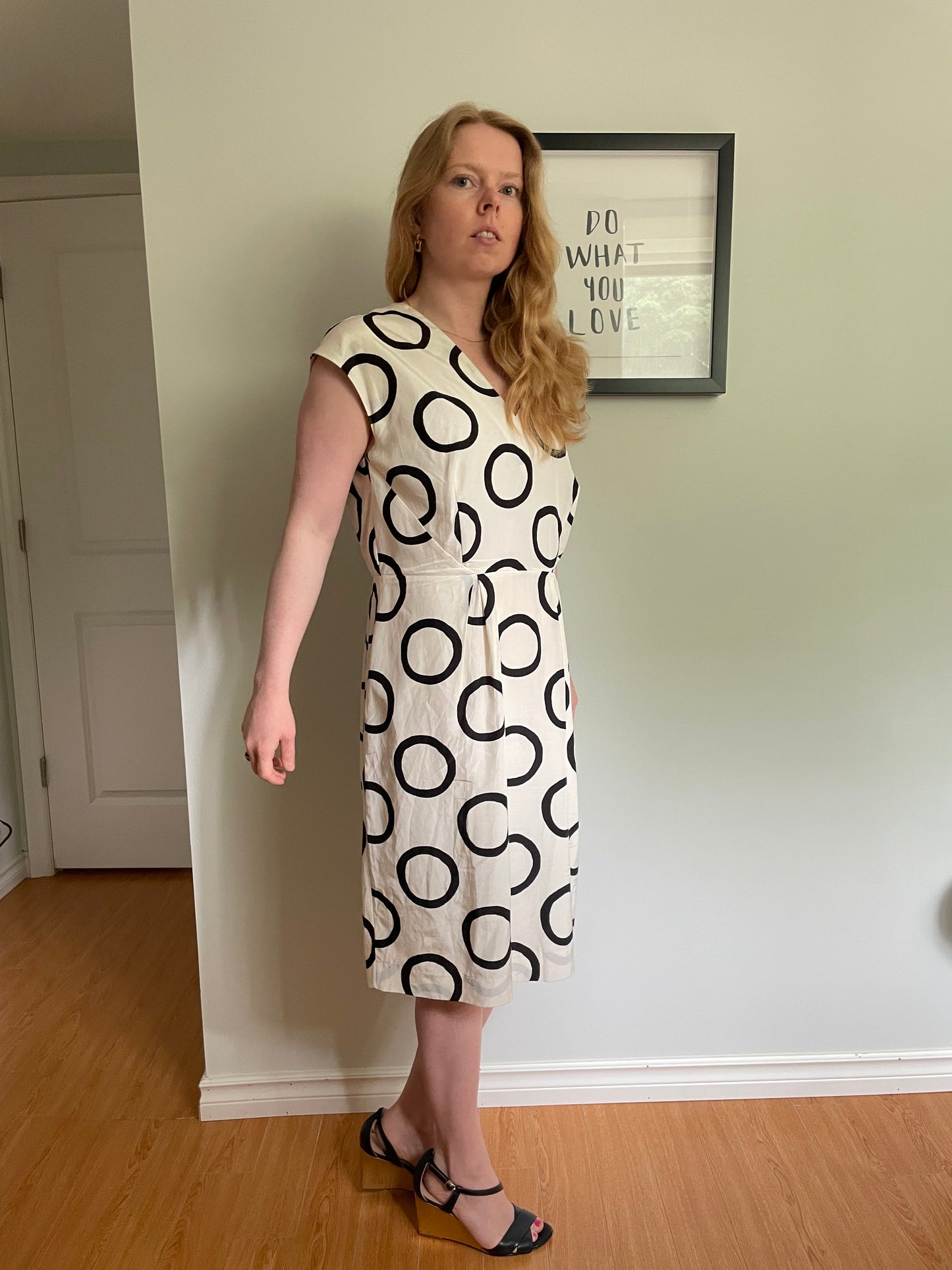 Banana Republic Ivory & Black Silk Blend Circle Print Dress – Size 14