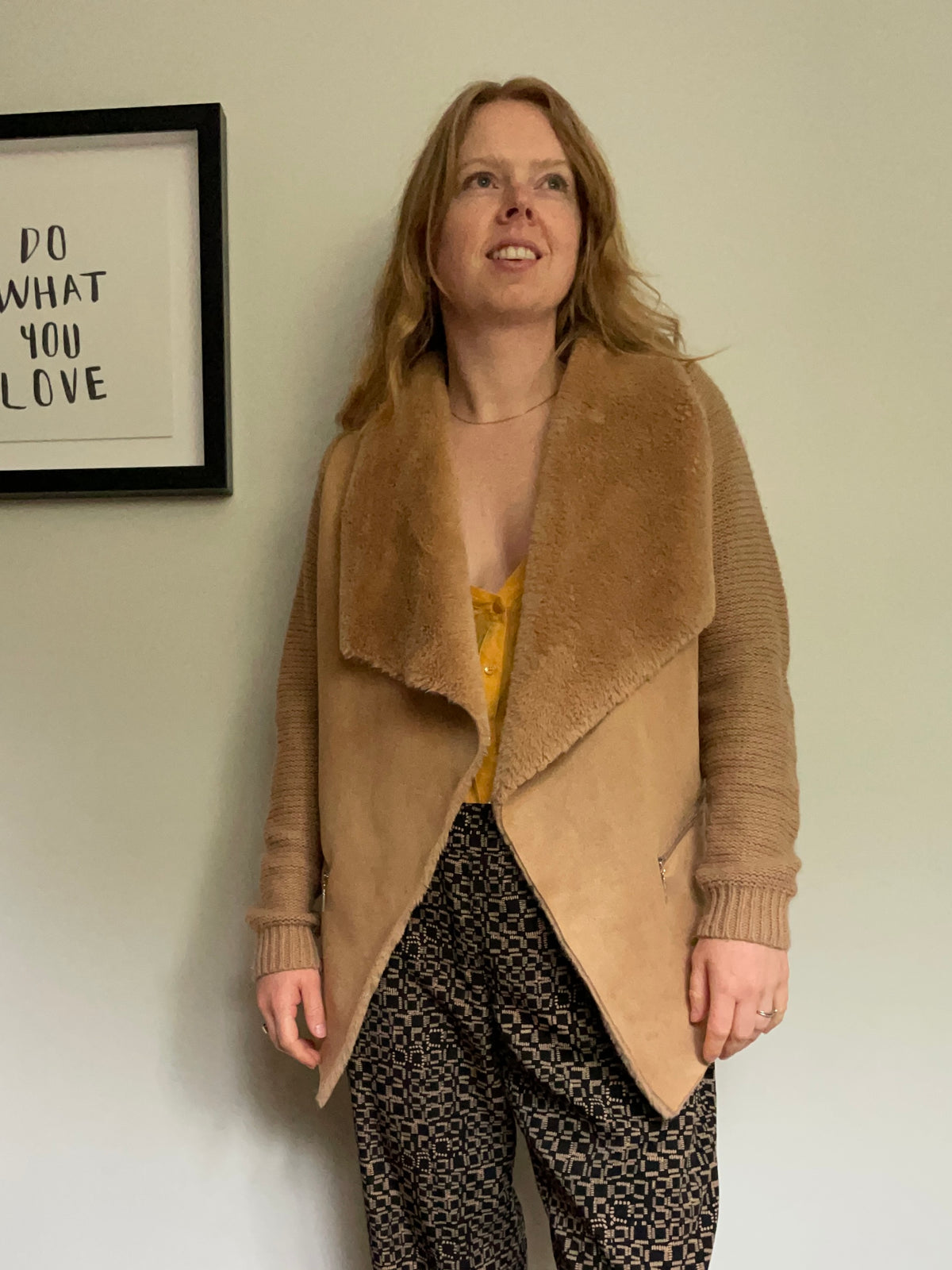 Twelfth Love Camel Faux-Suede Shearling Open-Front Coatigan – S/M