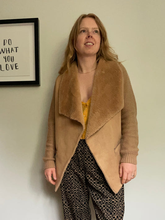 Twelfth Love Camel Faux-Suede Shearling Open-Front Coatigan – S/M