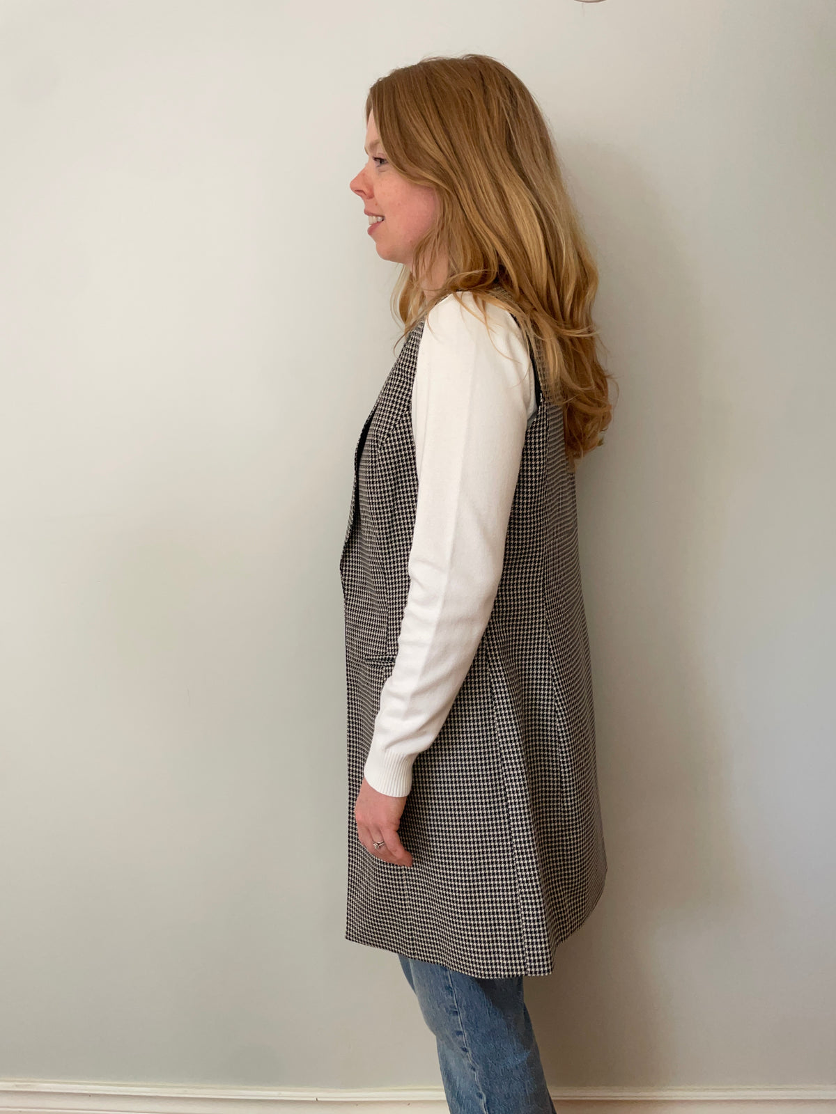 Suzy Shier Black & Cream Houndstooth Longline Vest – Medium NWT