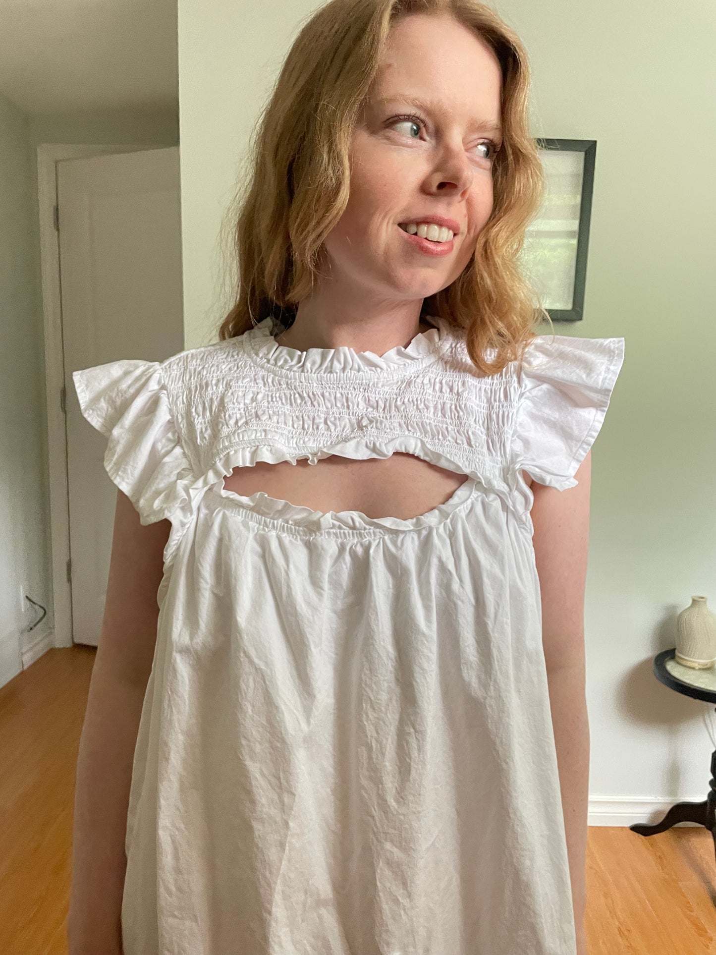 White Eyelet Ruffle Smocked Cotton Cutout Babydoll Dress - XL
