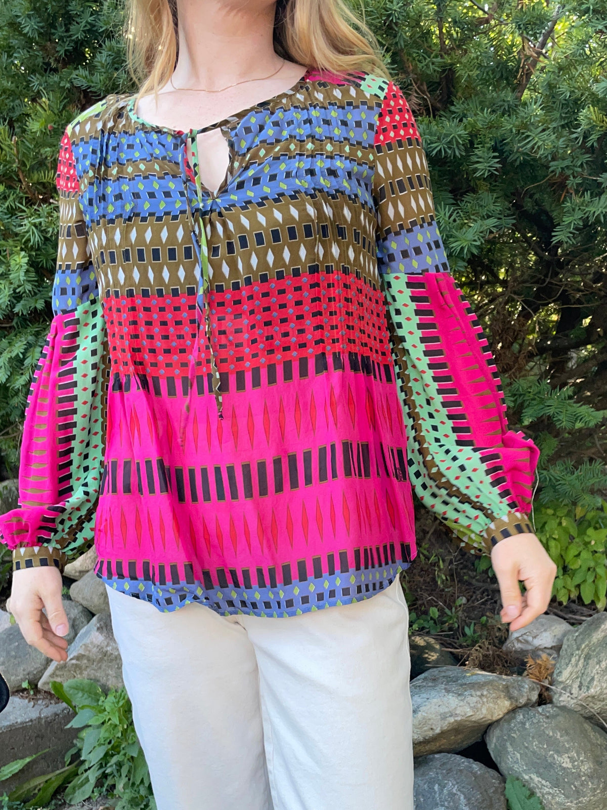 Hale Bob Pink Multicolour Geometric Silk Blouse – XS/S