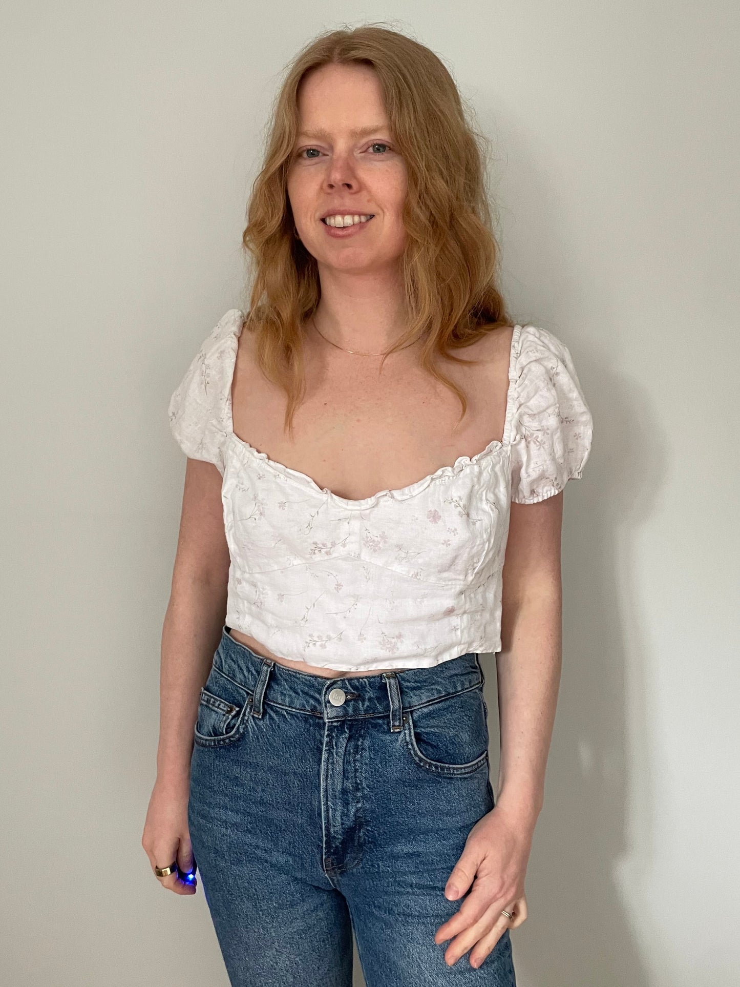 Wilfred White Floral Organic Linen Puff Sleeve Crop Top - Size Large